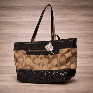 Coach Poppy Signature C Jacquard Black Patent Leather Quilted Tote 18676